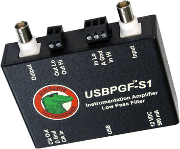 USBPGF-S1 software controlled 8-pole Butterworth, Bessel, Linear Phase, or Cauer-Elliptic low pass filter with variable gain instrumentation amplifier.