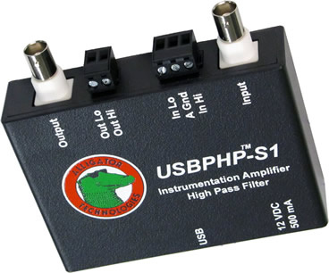 USBPHP-S1 software controlled 4-pole Butterworth or Bessel high pass filter with variable gain instrumentation amplifier.